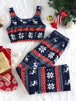 Ensemble de Pyjama Haut Court à Imprimé Flocon de Neige de Noël de Grande Taille et Pantalon L Bleu profond