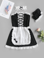 Ensemble de Robe Lingerie Cosplay Ceinturée Panneau en Dentelle S Noir