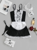 Ensemble de Robe Lingerie Costume de Bonne Cosplay Panneau en Dentelle M Noir