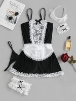 Ensemble de Robe Lingerie Costume de Bonne Cosplay Panneau en Dentelle M Noir