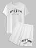 Ensemble de Short à Imprimé BOSTON à Manches Courtes à Cordon Taille unique Blanc