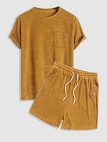 Ensemble de Short Applique Ours Dessin Animé en Tissu Torchon avec Poche à Cordon Taille unique Deep yellow