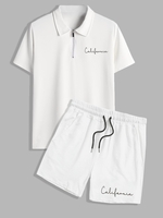 Ensemble de Short Décontracté à Imprimé Lettre et T-shirt à Col Polo à 1 / 4 Zip à Imprimé California Taille unique Blanc
