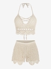 Ensemble de Short de Plage et Vacance Au Crochet Festonné Croisé à Col Halter Taille unique Café lumière