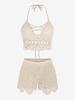 Ensemble de Short de Plage et Vacance Au Crochet Festonné Croisé à Col Halter Taille unique Café lumière