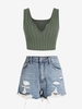 Ensemble de Short Délavé à Taille Haute en Denim et Débardeur Court Côtelé Taille unique Vert