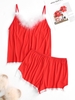 Ensemble de Short Pyjama à Bretelle en Dentelle Insérée à Ourlet avec Plume L Rouge