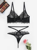 Ensemble de Soutien-gorge en Dentelle avec Nœud Papillon L Noir