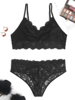 Ensemble de Soutien-Gorge Sexy Festonné en Dentelle Transparente Motif Floral de Grande Taille