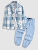 Ensemble de Surchemise à Carreaux en Laine Mélangée avec Double Poches et Pantalon de Jogging à Cordon Taille unique Bleu clair