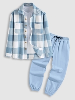 Ensemble de Surchemise à Carreaux en Laine Mélangée avec Double Poches et Pantalon de Jogging à Cordon Taille unique Bleu clair