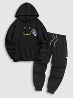 Ensemble de Sweat à Capuche Astronaute Graphique avec Poche à Rabat et de Pantalon Cargo de Techwear Taille unique Noir