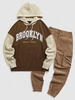 Ensemble de Sweat à Capuche en Blocs de Couleurs à Lettre BROOKLYN NEW YORK et Pantalon à Pieds Etroits en Velours Côtelé Taille unique Café