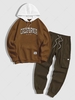 Ensemble de Sweat à Capuche en Blocs de Couleurs à Lettre CALIFORNIA et Pantalon Cargo Taille unique Café