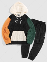 Ensemble de Sweat à Capuche en Polaire Pelucheuse en Blocs de Couleurs et Pantalon de Jogging Deux Pièces Techwear Taille unique Noir
