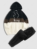 Ensemble de Sweat à Capuche en Tissu Duveteux Fourré Brodé en Blocs de Couleurs et de Pantalon à Pieds Etroits Taille unique Noir
