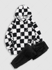 Ensemble de Sweat à Capuche Fourré à Carreaux et de Pantalon Trois Pièces Taille unique Noir