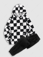 Ensemble de Sweat à Capuche Fourré à Carreaux et de Pantalon Trois Pièces Taille unique Noir