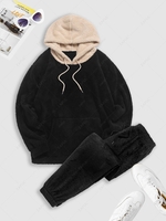Ensemble de Sweat à Capuche Fourré en Blocs de Couleurs Jointif en Laine et de Pantalon à Pieds Etroits Taille unique Noir