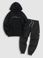 Ensemble de Sweat à Capuche Graphique Script Brodé en Laine et de Legging Cargo Techwear avec Poche à Rabat Taille unique Noir