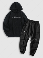 Ensemble de Sweat à Capuche Graphique Script Brodé en Laine et de Pantalon de Jogging Taille unique Noir