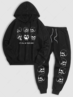 Ensemble de Sweat à Capuche Halloween à Imprimé Crâne avec Poche en Avant et de Pantalon de Jogging Taille unique Noir