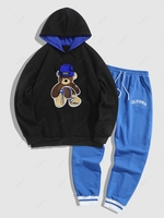 Ensemble de Sweat à Capuche Lettre Brodée Brillant en Laine et de Pantalon de Jogging Taille unique Noir