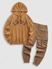 Ensemble de Sweat à Capuche Lettre Brodée en Velours Côtelé avec Poches et Pantalon Evasé Cargo Taille unique Café