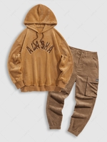 Ensemble de Sweat à Capuche Lettre Brodée en Velours Côtelé avec Poches et Pantalon Evasé Cargo Taille unique Café