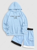 Ensemble de Sweat à Capuche Lettre Brodée et de Short Cargo en Blocs de Couleurs à Cordon Taille unique Bleu clair