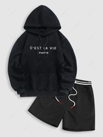 Ensemble de Sweat à Capuche Lettre Brodée et de Short Rayé Design à Taille Haute Taille unique Noir