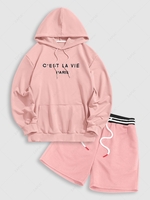 Ensemble de Sweat à Capuche Lettre Brodée et de Short Rayé Design à Taille Haute Taille unique Rose clair