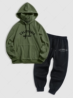 Ensemble de Sweat à Capuche Lettre Brodée Graphique Doublure en Polaire Thermique avec Pantalon de Jogging Taille unique Vert profond