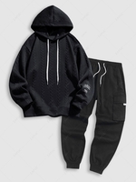 Ensemble de Sweat à Capuche Lettre Gaufrée en Tricot à Câble et Pantalon à Cordon Taille unique Noir
