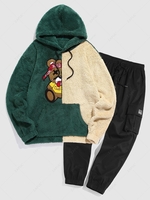 Ensemble de Sweat à Capuche Ours Dessin Animé Fourré et de Pantalon Cargo Multi-Poches Taille unique Vert profond