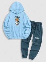 Ensemble de Sweat à Capuche Pull-over Lettre et Ours et Pantalon à Cordon Taille unique Bleu