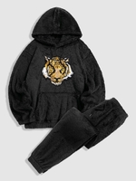 Ensemble de Sweat à Capuche Tigre Brodé Fourré et de Pantalon à Pieds Etroits S Noir