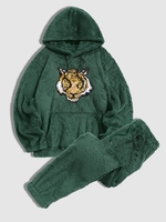 Ensemble de Sweat à Capuche Tigre Brodé Fourré et de Pantalon à Pieds Etroits Taille unique Vert profond