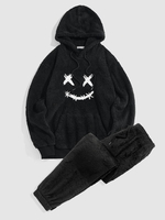 Ensemble de Sweat à Capuche Visage Brodé Fourré et de Pantalon à Pieds Etroits Taille unique Noir