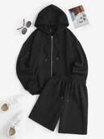 Ensemble de Sweat à Capuche Zippé à Doublure en Laine et de Short à Cordon L Noir
