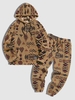 Ensemble de Sweat à Capuche Zippé à Imprimé Aztèque Ethnique en Polaire et et de Pantalon à Pieds Etroits Taille unique Café