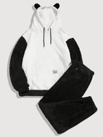 Ensemble de Sweat à Capuche Lettre Applique en Fausse Fourrure et de Pantalon Xl Noir