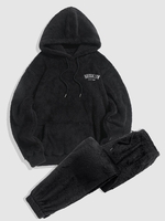 Ensemble de Sweat-shirt à Capuche à Lettres Brodées BROOKLYN NEW YORK et Pantalon à Pieds Etroits en Tissu Duveteux Taille unique Noir