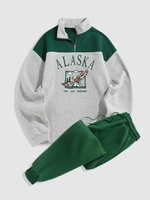 Ensemble de Sweat-shirt à Imprimé Aigle et Lettre en Couleur Unie en Laine à Col Relevé et Pantalon de Survêtement Taille unique Gris