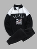 Ensemble de Sweat-shirt à Imprimé Aigle et Lettre en Couleur Unie en Laine à Col Relevé et Pantalon de Survêtement Taille unique Noir