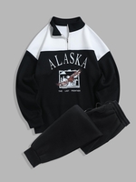 Ensemble de Sweat-shirt à Imprimé Aigle et Lettre en Couleur Unie en Laine à Col Relevé et Pantalon de Survêtement Taille unique Noir