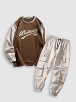 Ensemble de Sweat-shirt à Imprimé Lettre en Blocs de Couleurs avec Multi-Poches à Rabat Fausse Deux Pièces Taille unique Café lumière