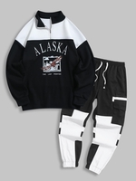 Ensemble de Sweat-shirt à Imprimé Lettre et Aigle en Laine et Pantalon Cargo à Pieds Etroits en Blocs de Couleurs Taille unique Noir