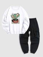 Ensemble de Sweat-shirt à Imprimé Plante et de Pantalon de Jogging Cargo Taille unique Blanc