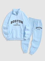 Ensemble de Sweat-shirt à Lettre BOSTON Brodée Zippé Doublure en Molleton et Pantalon de Jogging Taille unique Bleu clair